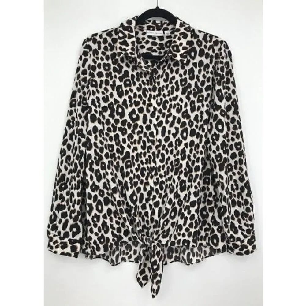 Susan Graver Women's 22W Long Sleeve Tie Waist Button Up Leopard Print Cheetah